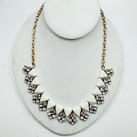 J Crew Gold White Acrylic Triangle Rhinestone Summer Statement Necklace Sparkle - Picture 1 of 11